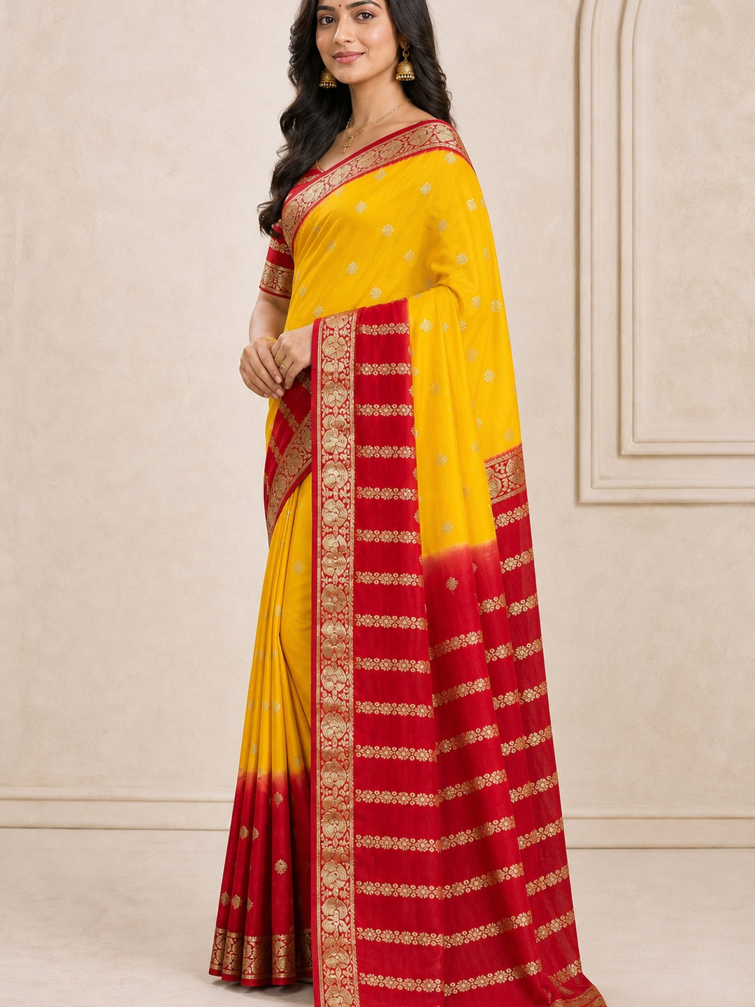 Yellow & Red Zari Woven Pure Viscose Saree - Image 4