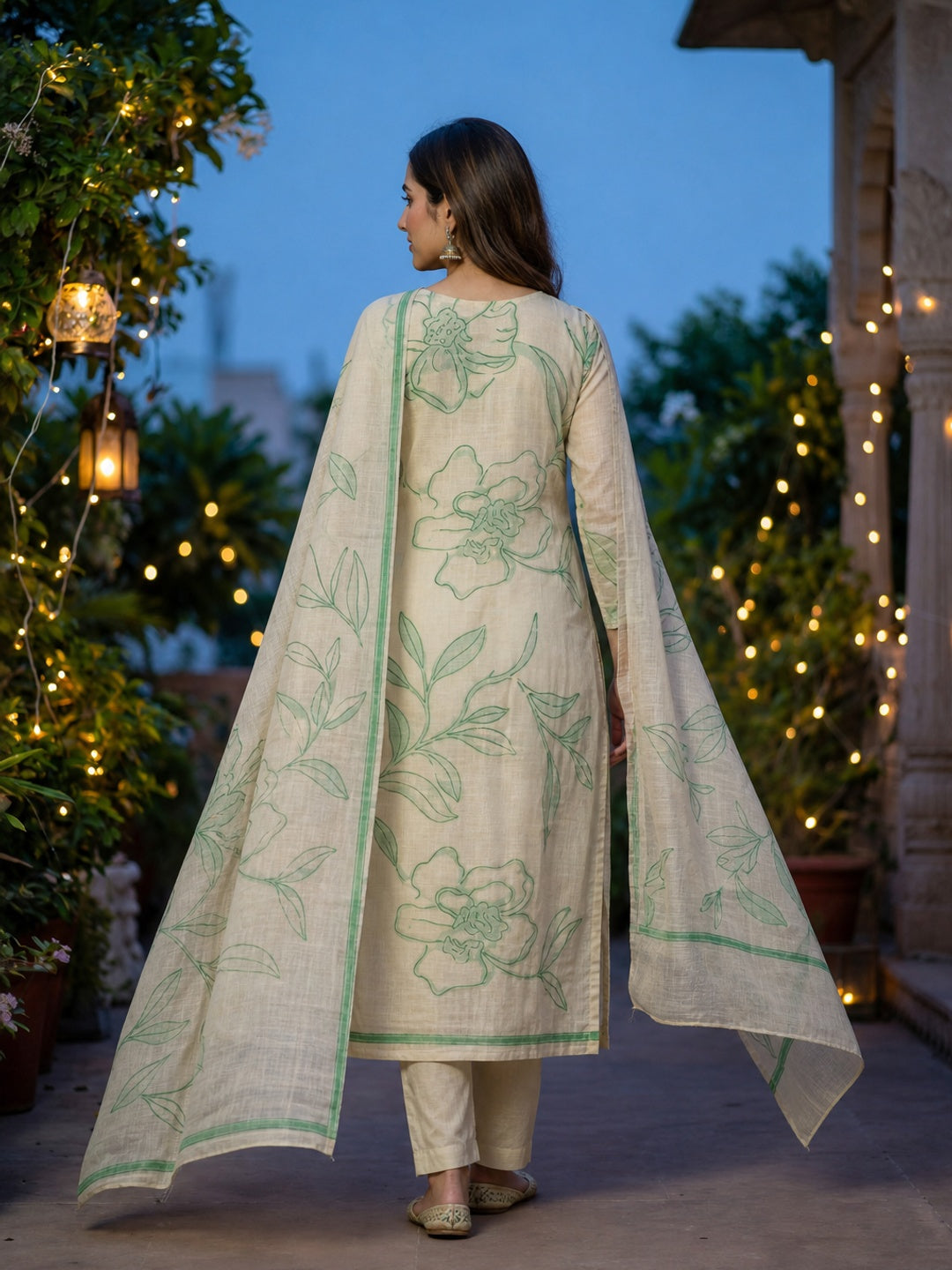 Graceful Cream & Green Chanderi Cotton Suit Fabric with Floral Printed Dupatta - Image 4