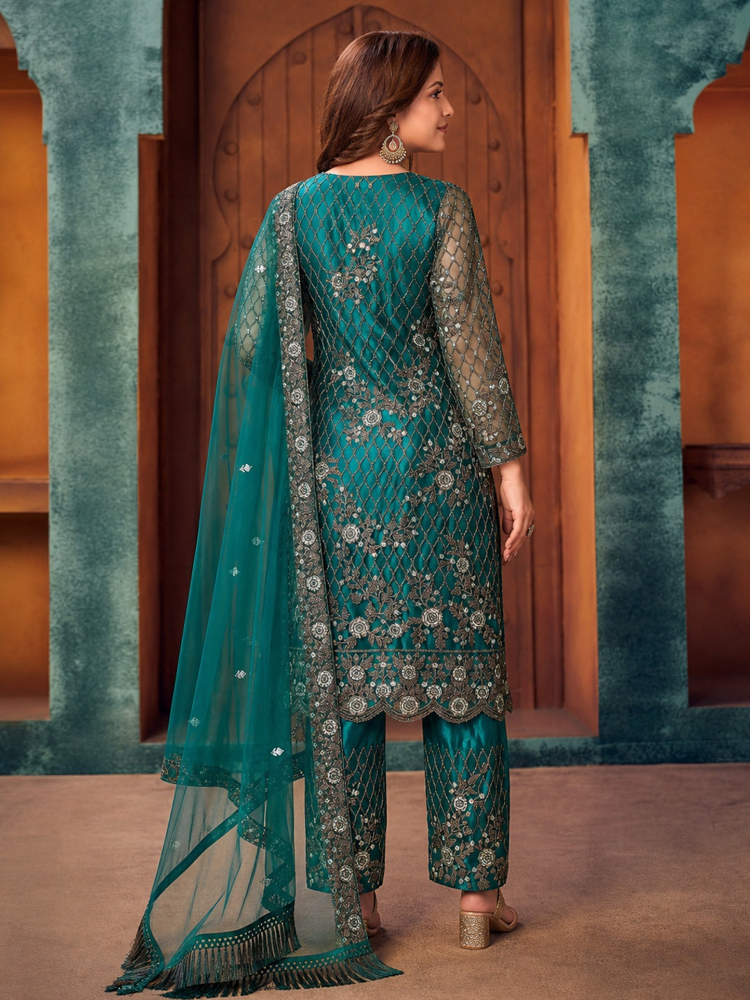 Teal Green Embroidered Netted Pakistani Suit - Image 1