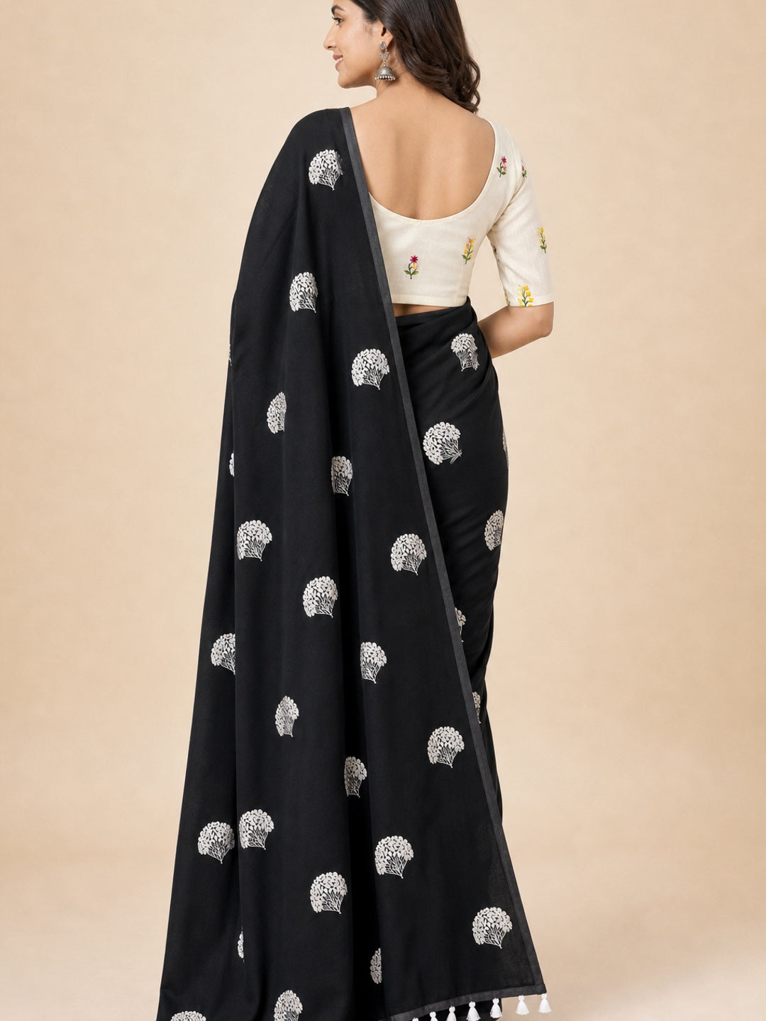 Black Thread Embroidered Georgette Saree With Tassels - Image 2