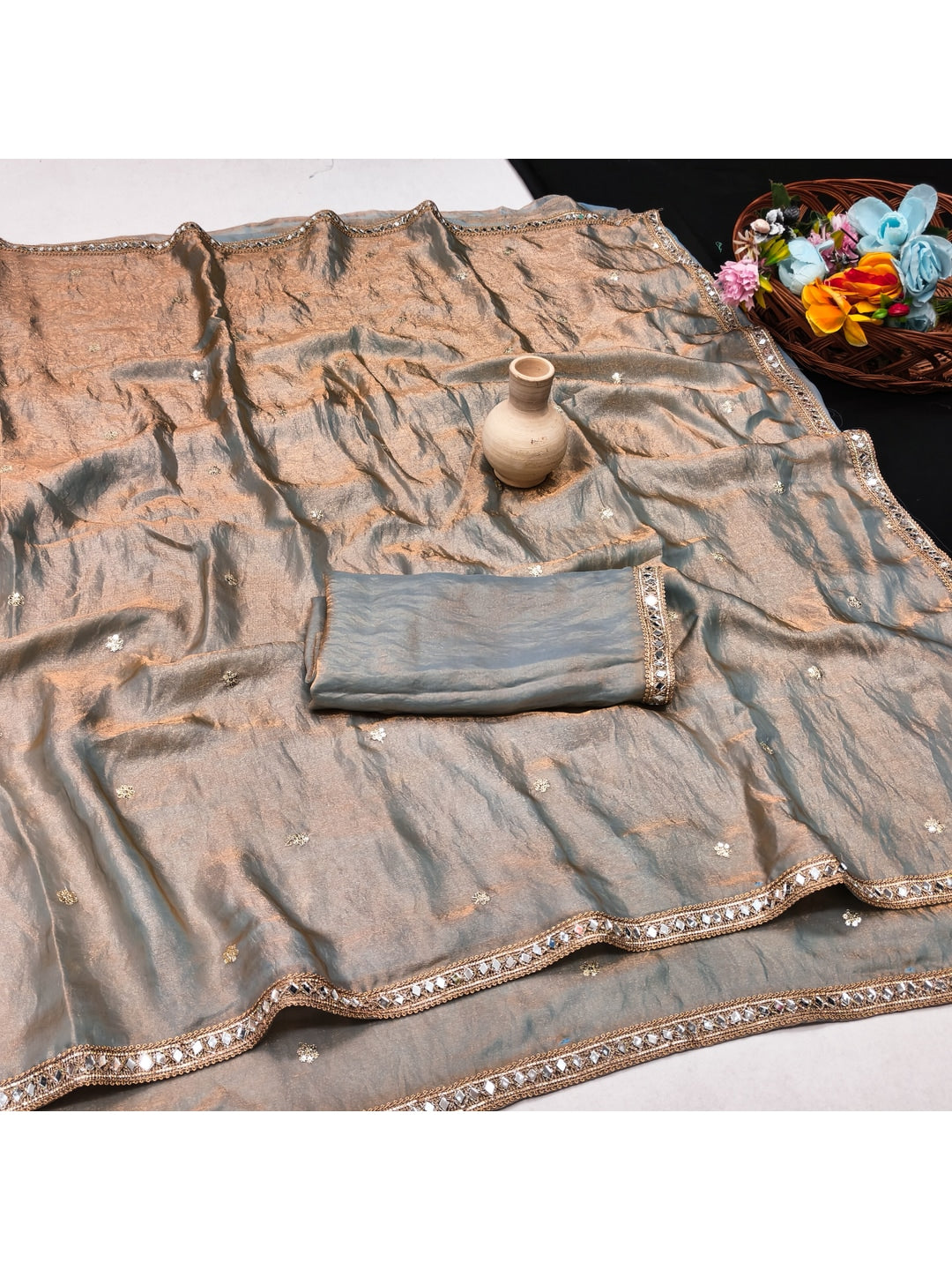 Peachmode Grey Satin Saree - Image 3