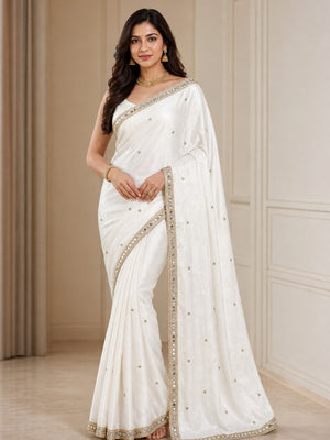 Peachmode White Satin Saree - Image 1