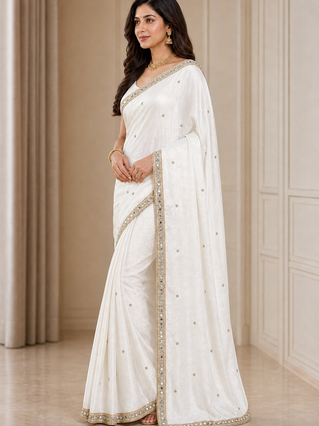 Peachmode White Satin Saree - Image 4