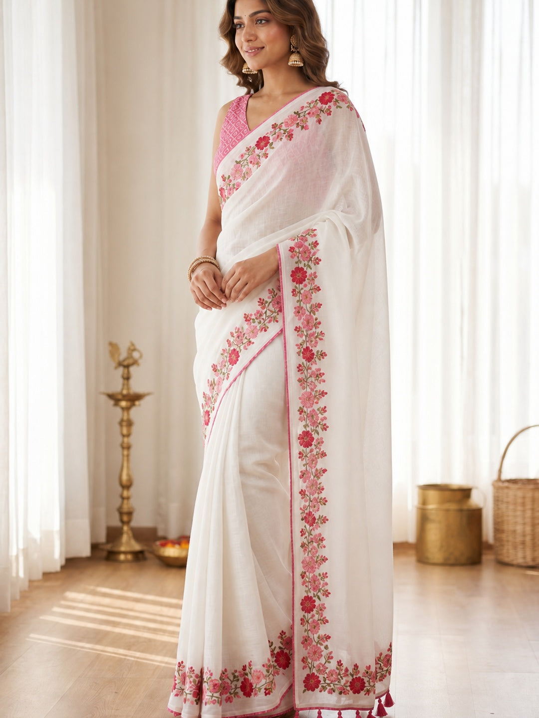 White Pure Linen Saree with Floral Embroidery and Tassel Detailing - Image 3