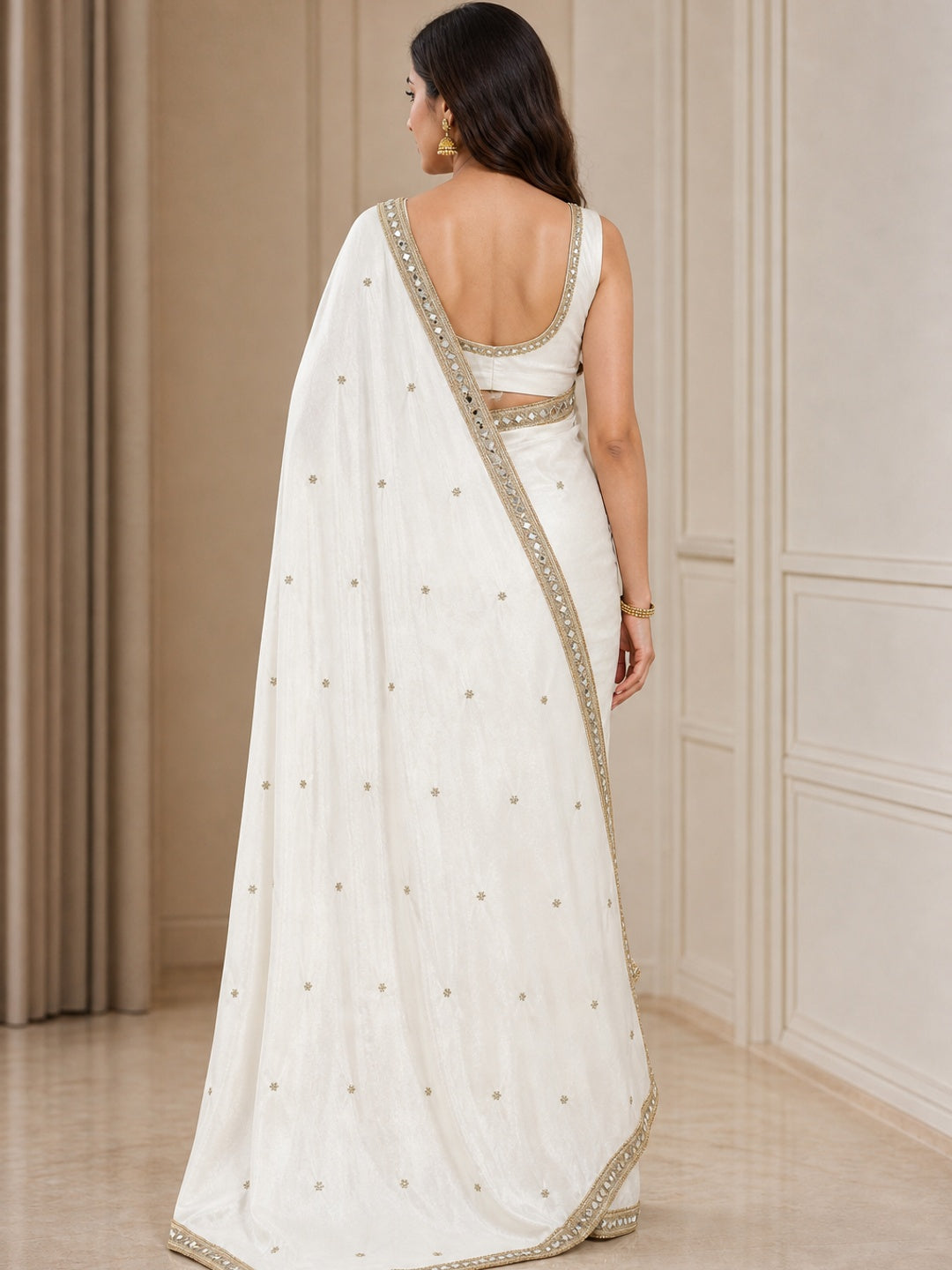 Peachmode White Satin Saree - Image 5