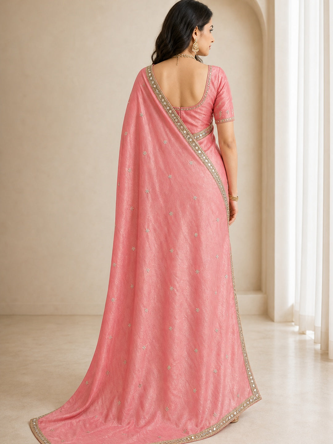 Peachmode Pink Satin Saree - Image 5