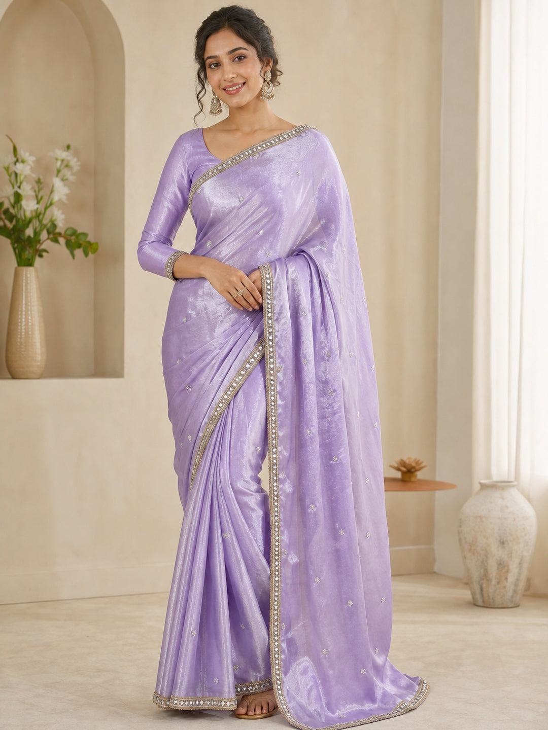 Peachmode Lavender Satin Saree - Image 1