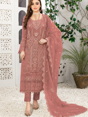 Dusty Peach Floral Embroidered Georgette Semi Stitched Pakistani Suit - Image 1
