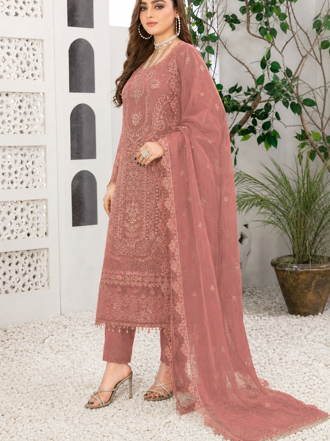 Dusty Peach Floral Embroidered Georgette Semi Stitched Pakistani Suit - Image 4