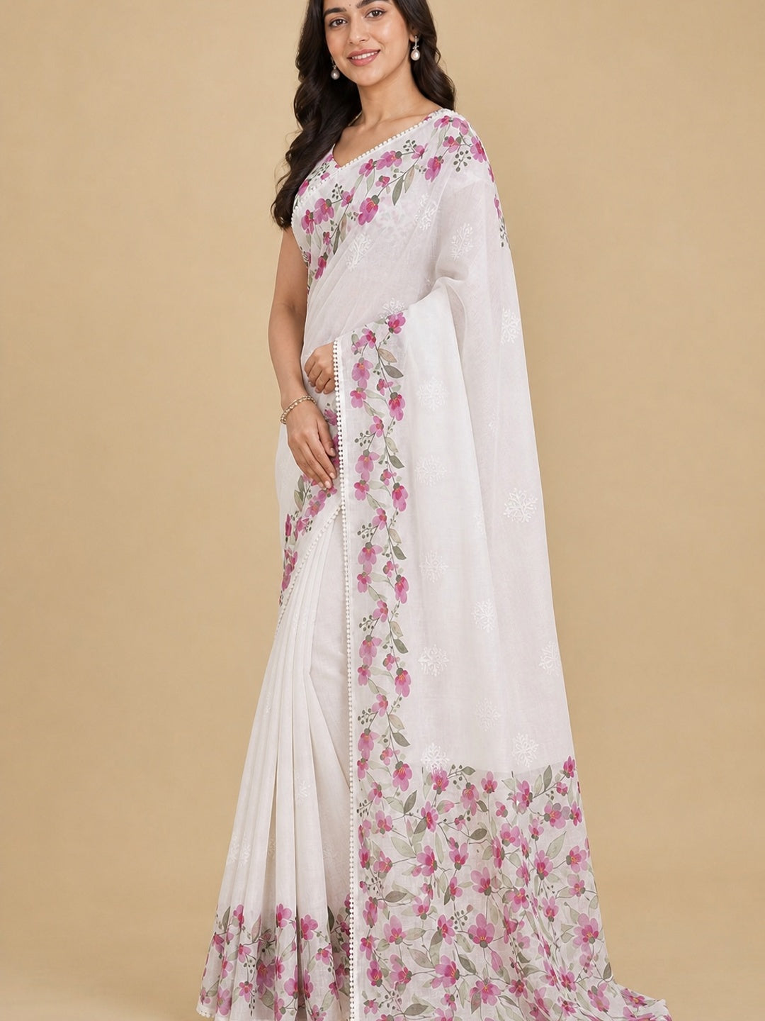 Elegant White Floral Printed Kota Doria Saree with Embroidered Detailing - Image 4