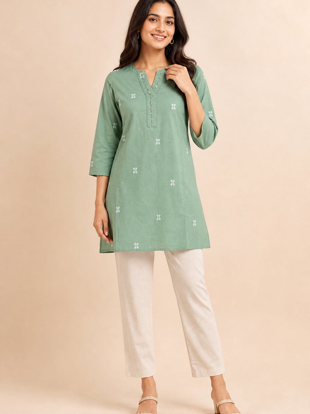 Green Pure Cotton Embroidered Short Top - Image 1