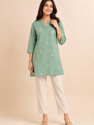 Green Pure Cotton Embroidered Short Top - Image 2