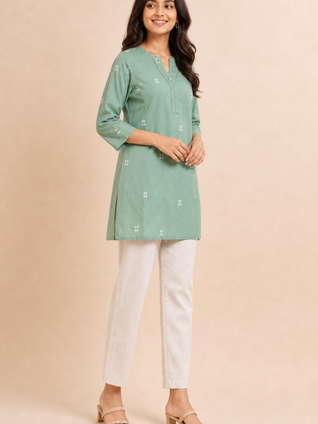 Green Pure Cotton Embroidered Short Top - Image 3