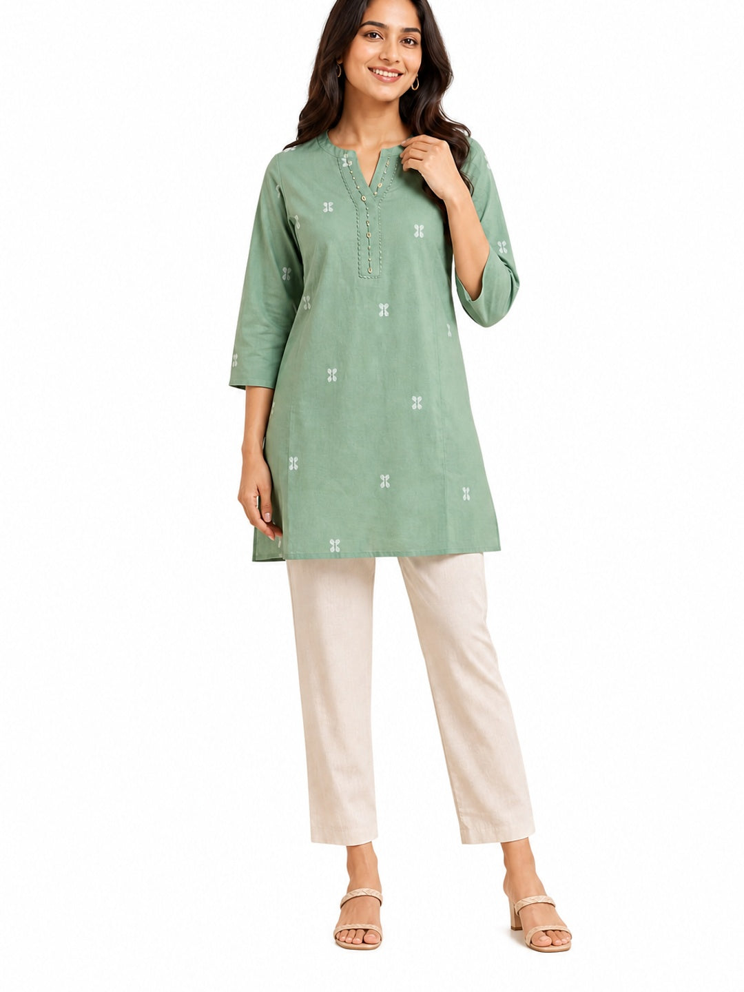 Green Pure Cotton Embroidered Short Top - Image 4