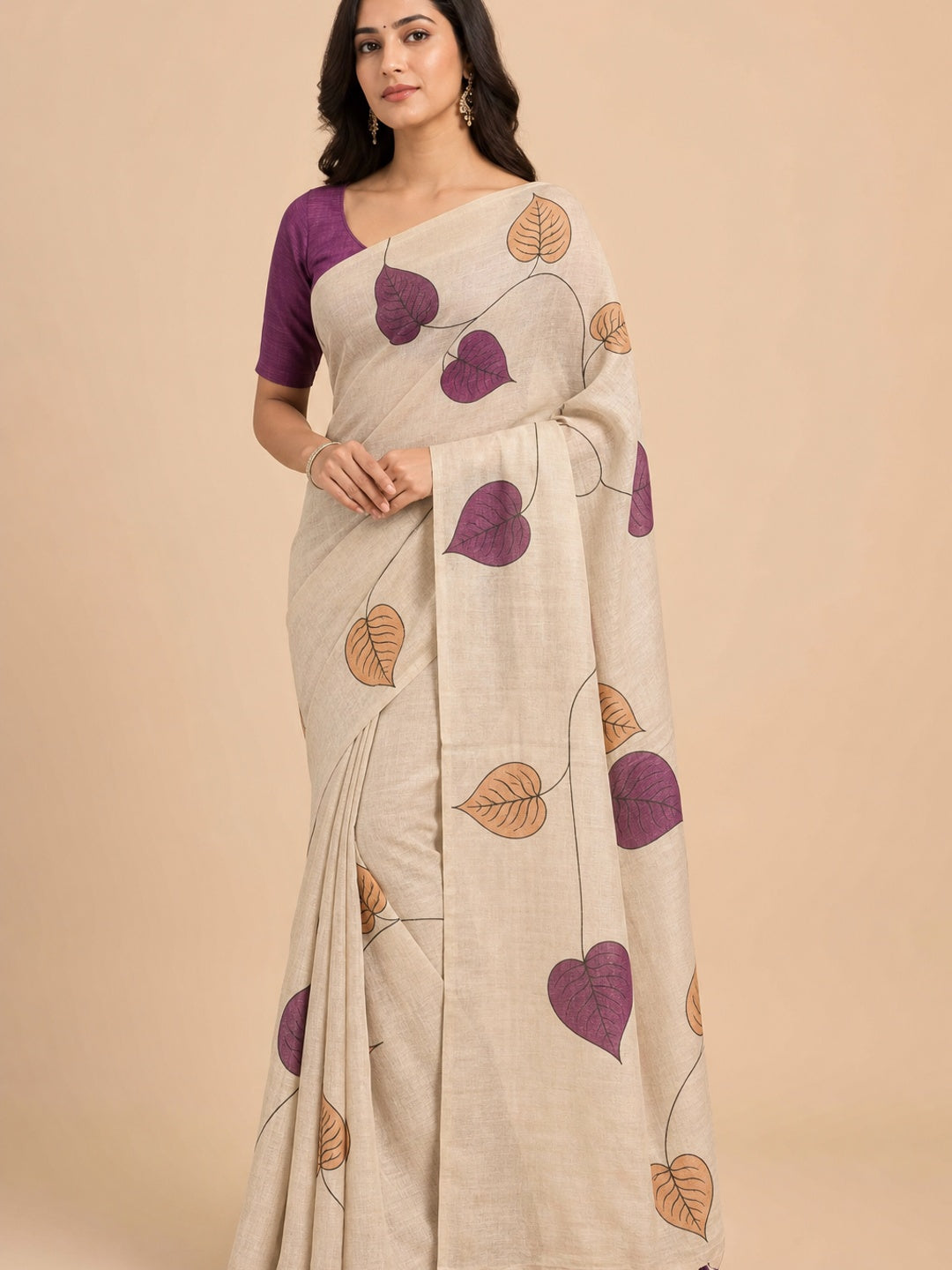 Beige & Purple Saree in Art Silk Featuring Leafy Print & Tassels - Image 1