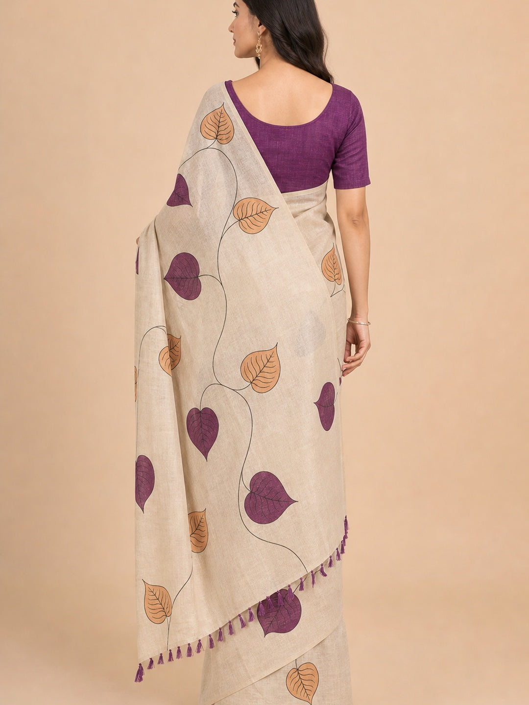 Beige & Purple Saree in Art Silk Featuring Leafy Print & Tassels - Image 2