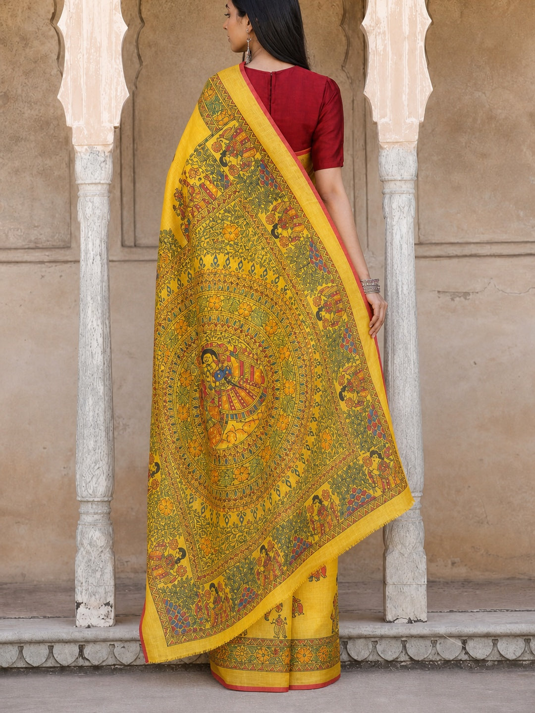 Yellow Madhubani Motif Printed Linen Saree for Festive Wear - Image 2
