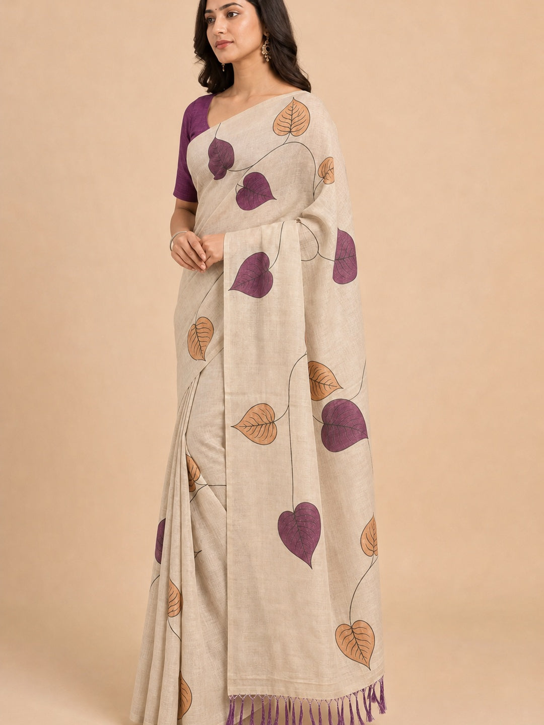 Beige & Purple Saree in Art Silk Featuring Leafy Print & Tassels - Image 3