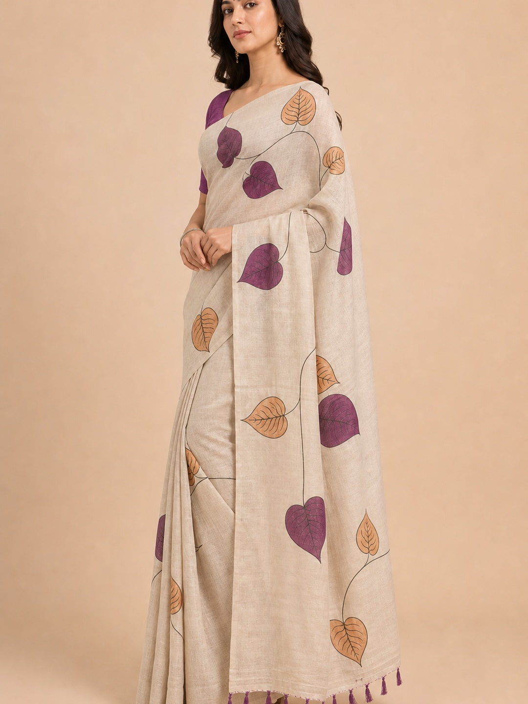 Beige & Purple Saree in Art Silk Featuring Leafy Print & Tassels - Image 4