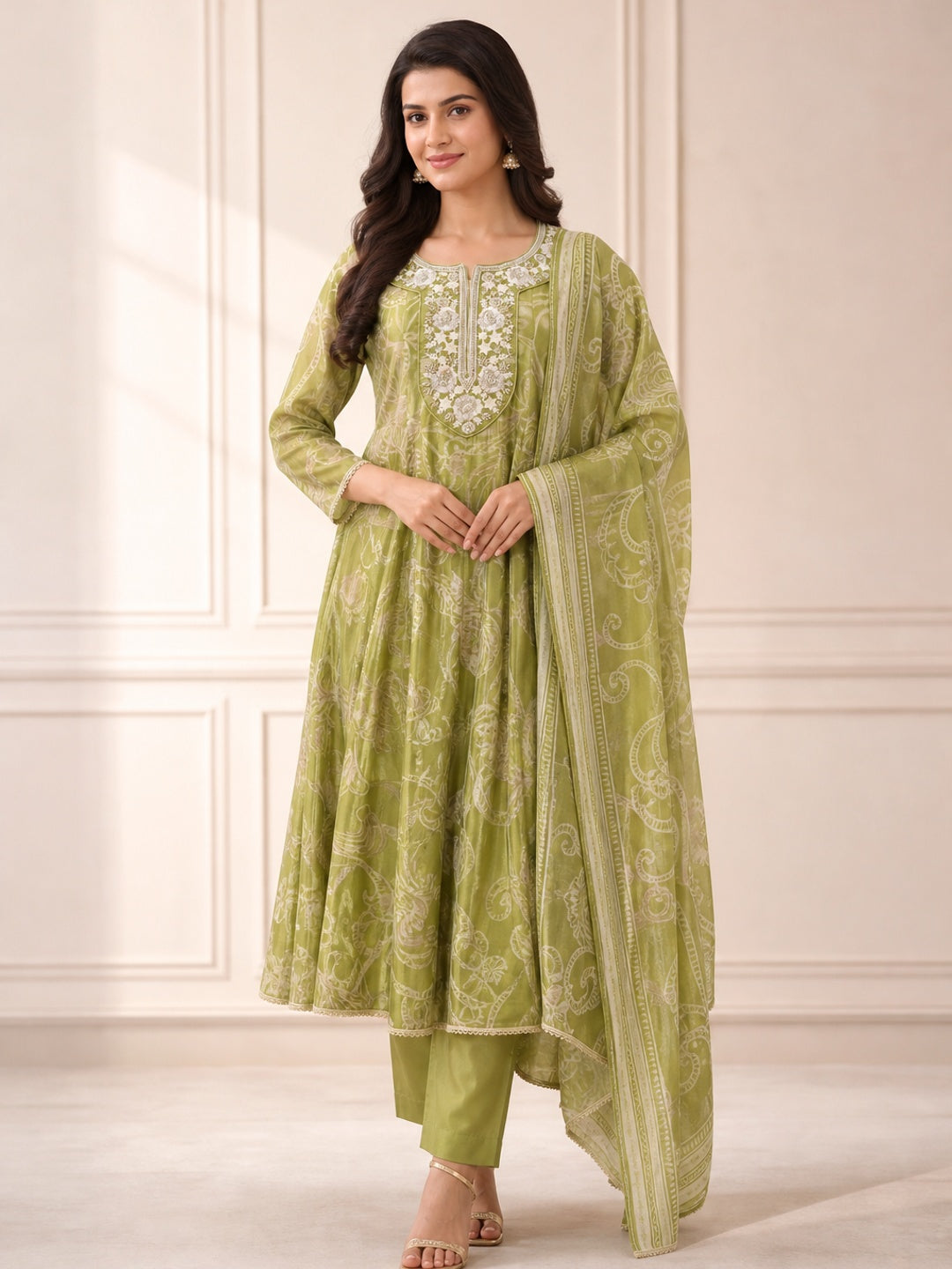 Pista Green Chanderi Silk Embroidered Salwar Suit Set - Image 1