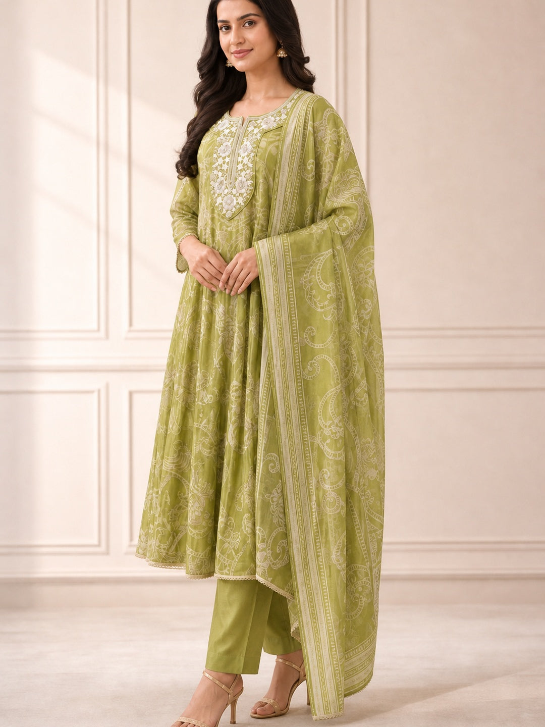 Pista Green Chanderi Silk Embroidered Salwar Suit Set - Image 5