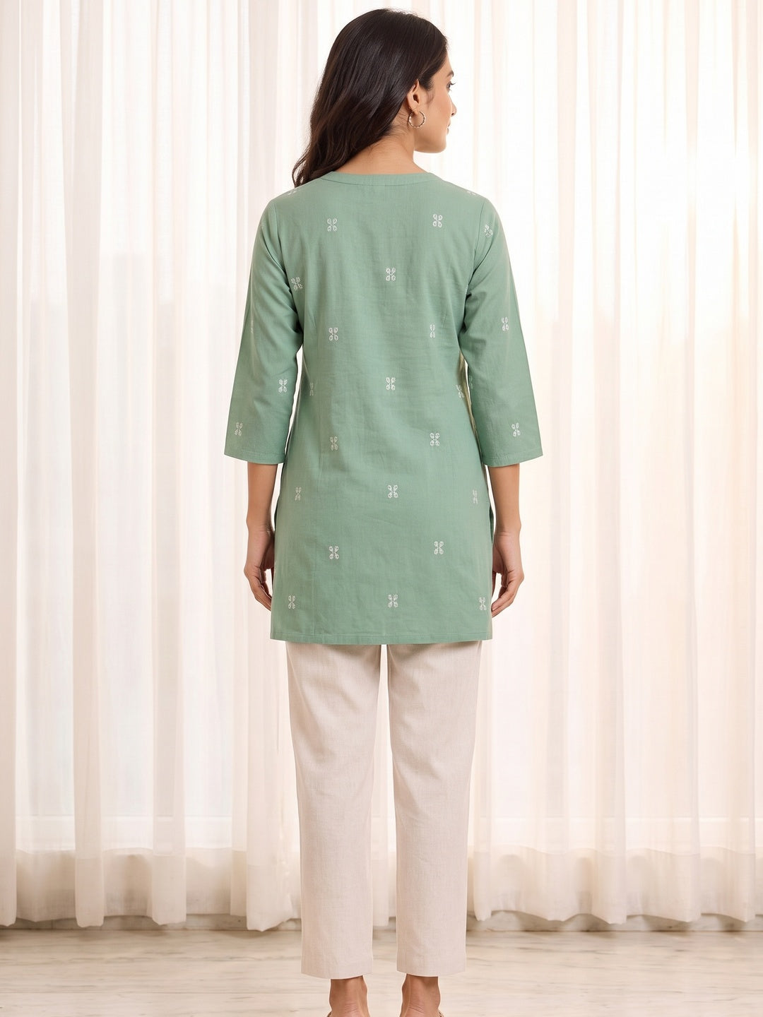 Green Pure Cotton Embroidered Short Top - Image 2