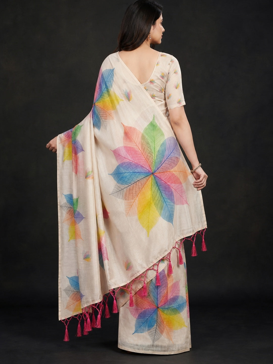 Light Chikoo Floral Printed Art Silk Saree With Tassels - Image 2