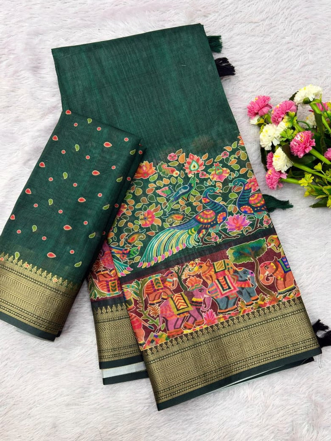 Peachmode Green Dola Silk Position Digital Print Saree - Image 5
