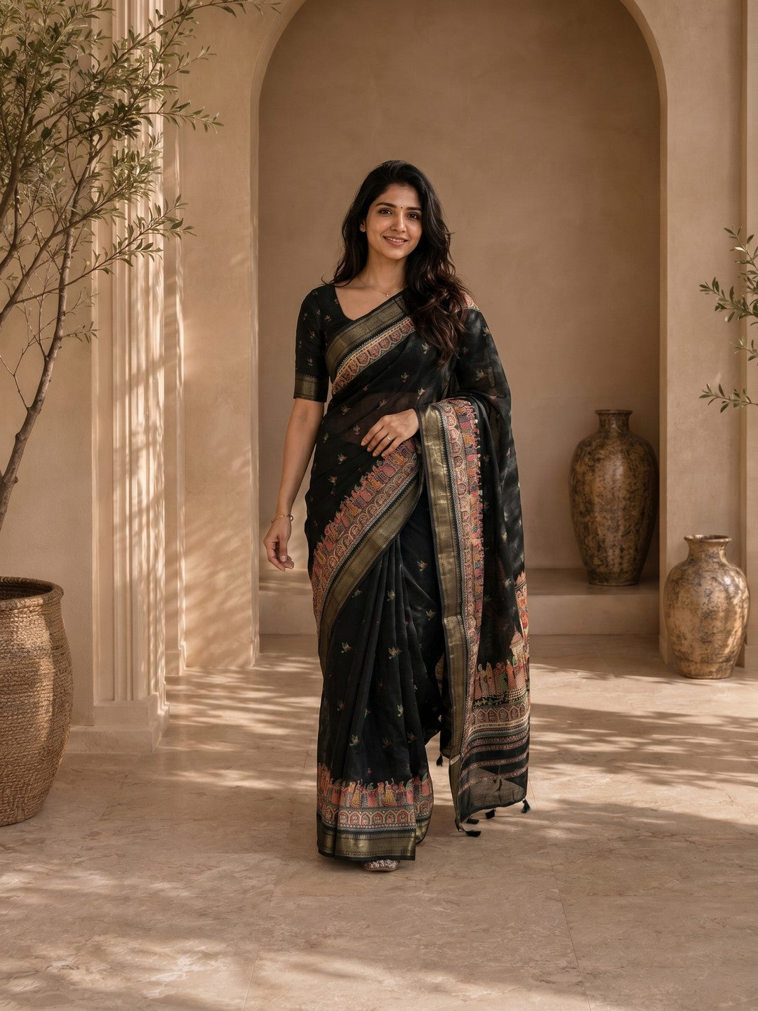Peachmode Black Dola Silk Position Digital Print Saree - Image 3