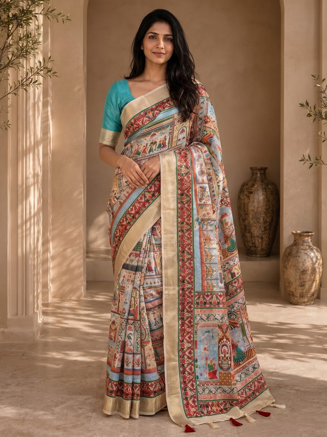Peachmode Cream Dola Silk Position Digital Print Saree - Image 1