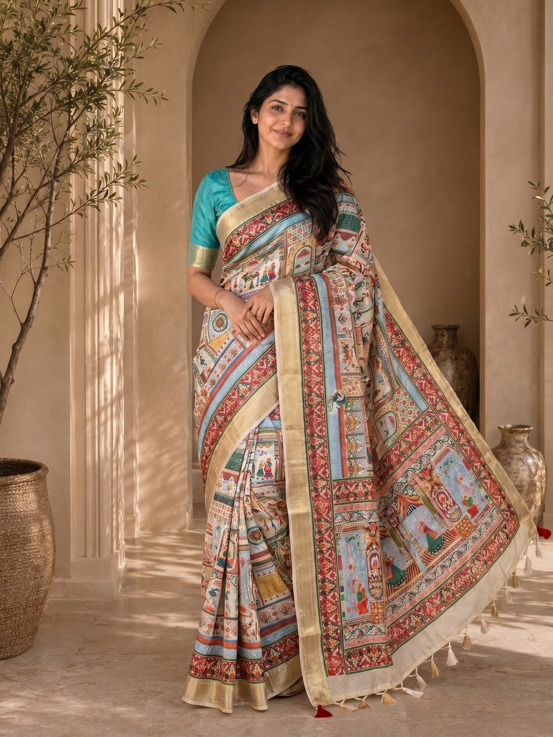 Peachmode Cream Dola Silk Position Digital Print Saree - Image 4