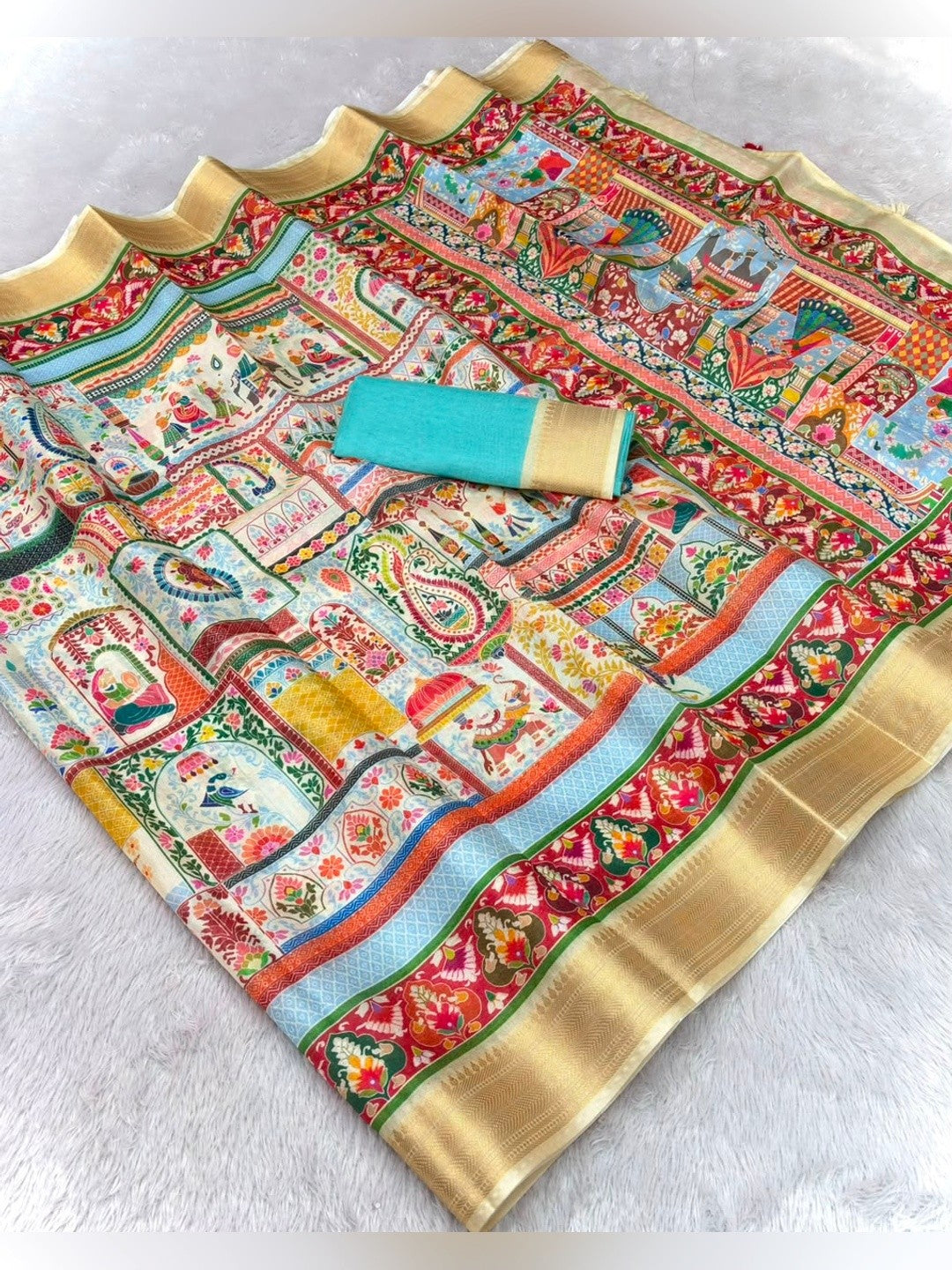 Peachmode Cream Dola Silk Position Digital Print Saree - Image 7