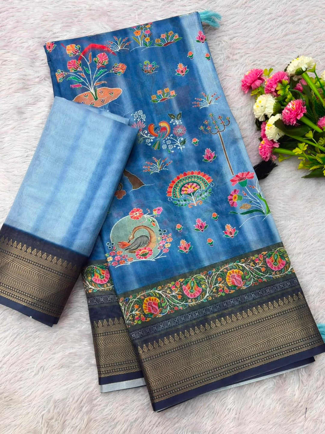 Peachmode Sky Blue Dola Silk Position Digital Print Saree - Image 6