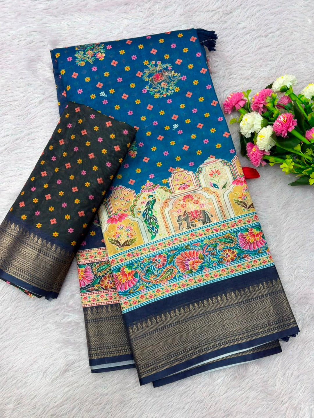 Peachmode Blue Dola Silk Position Digital Print Saree - Image 6