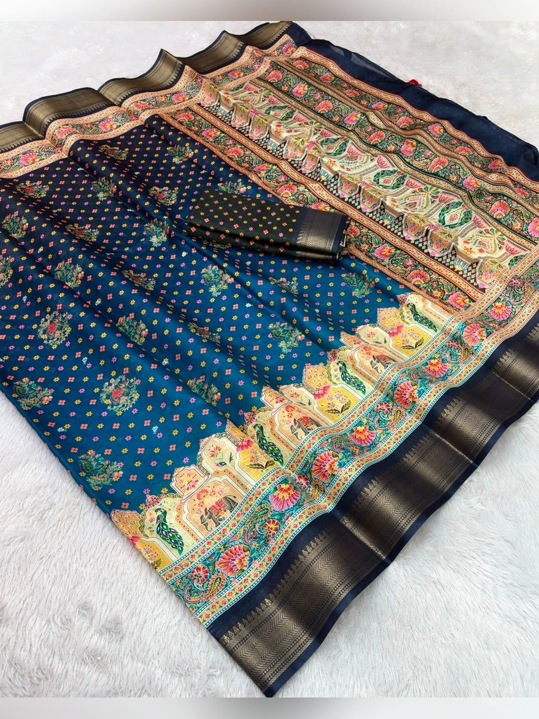 Peachmode Blue Dola Silk Position Digital Print Saree - Image 7