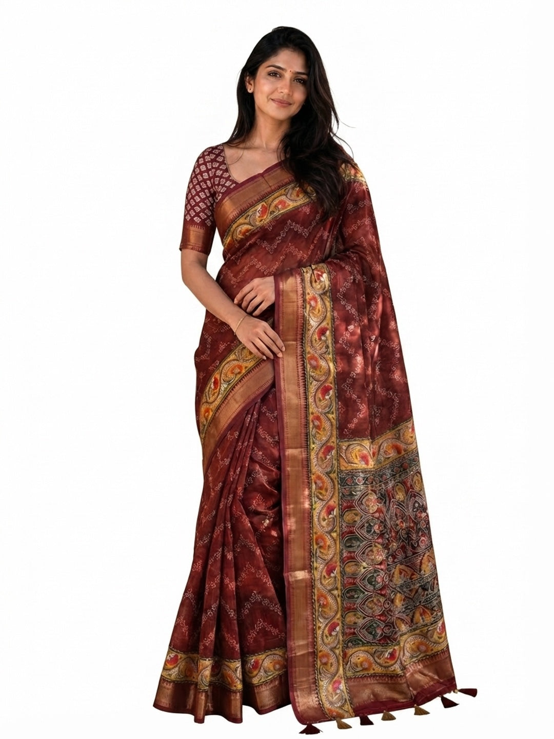 Peachmode Maroon Dola Silk Position Digital Print Saree - Image 8