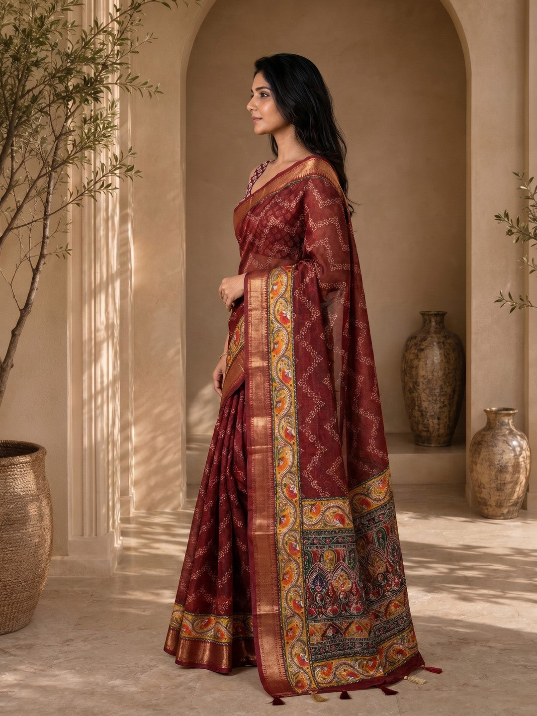 Peachmode Maroon Dola Silk Position Digital Print Saree - Image 3