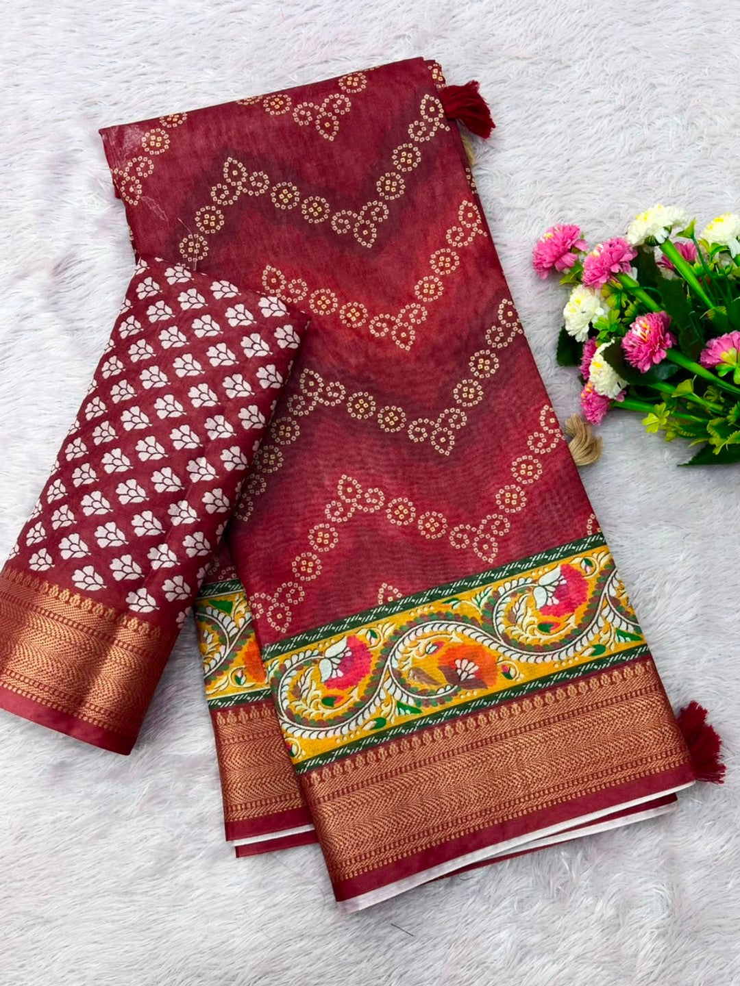 Peachmode Maroon Dola Silk Position Digital Print Saree - Image 6
