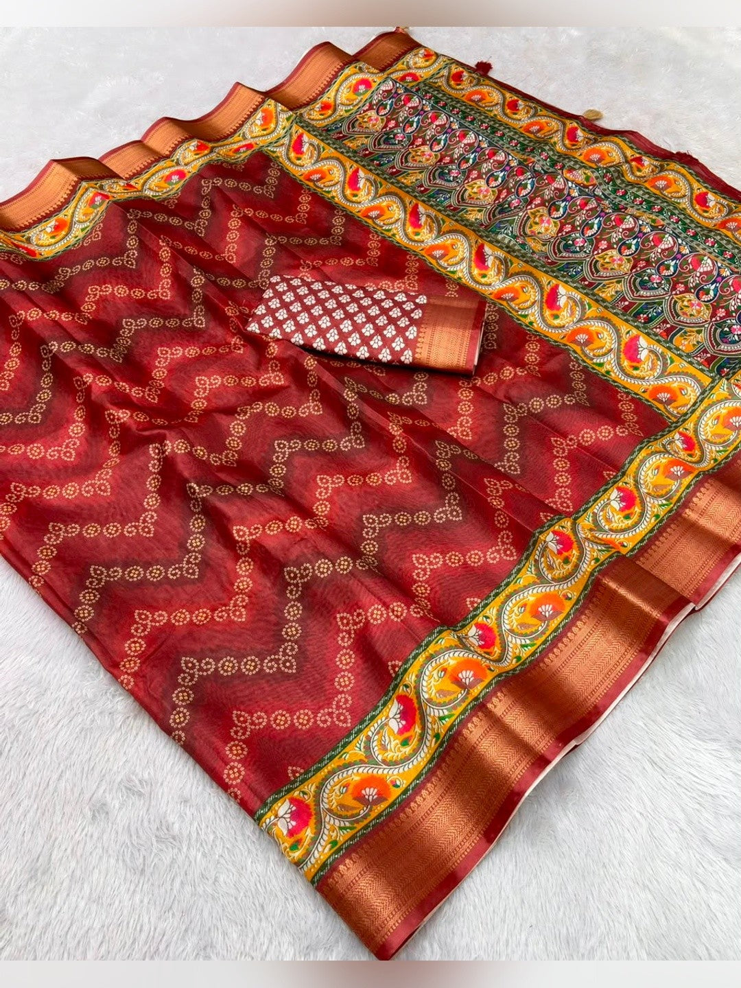 Peachmode Maroon Dola Silk Position Digital Print Saree - Image 7