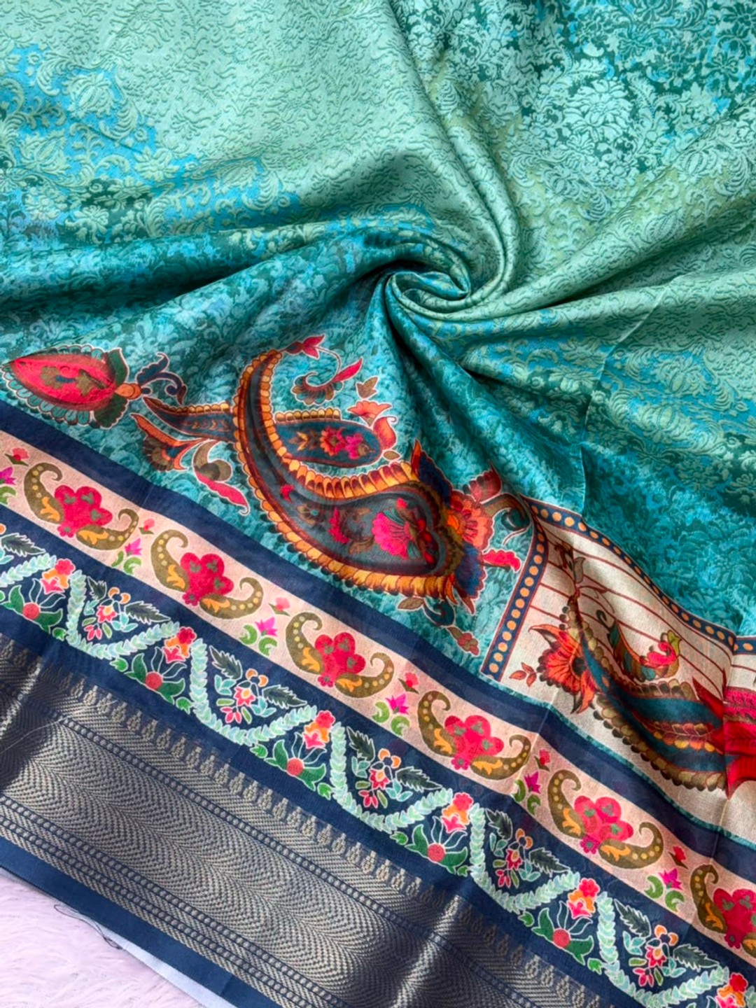Peachmode Turquoise Dola Silk Position Digital Print Saree - Image 5