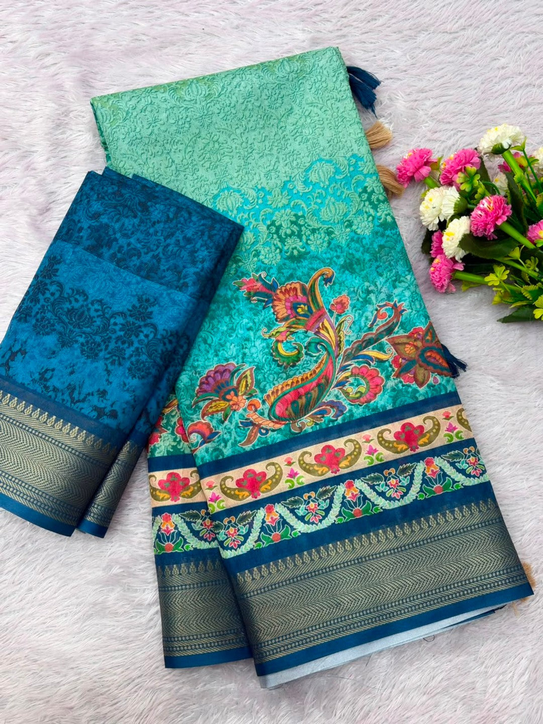 Peachmode Turquoise Dola Silk Position Digital Print Saree - Image 6