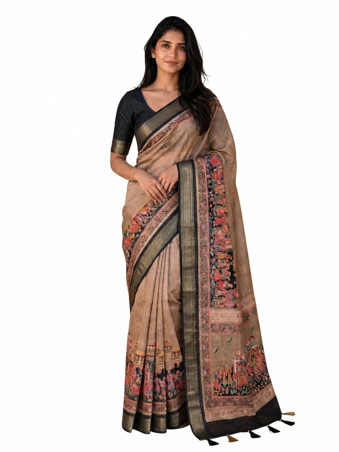 Peachmode Beige Dola Silk Position Digital Print Saree - Image 8