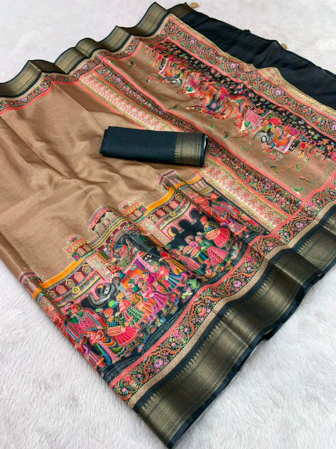 Peachmode Beige Dola Silk Position Digital Print Saree - Image 5