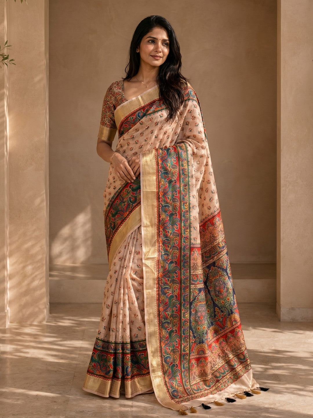Peachmode Beige Dola Silk Position Digital Print Saree - Image 1