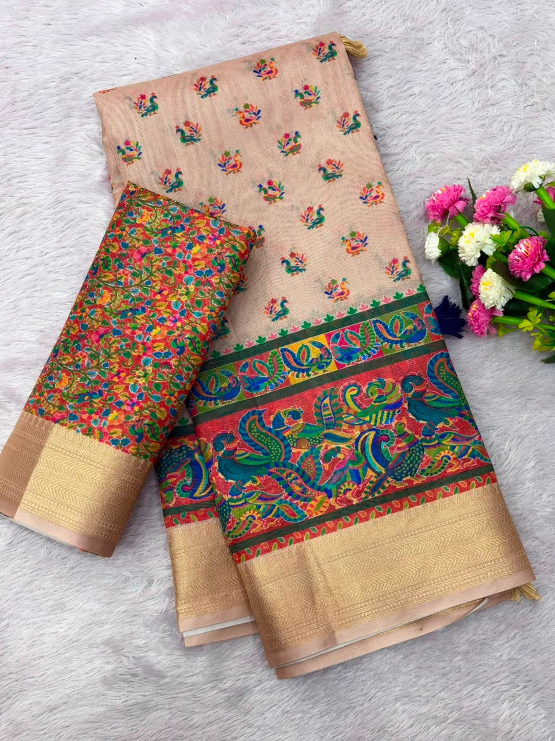 Peachmode Beige Dola Silk Position Digital Print Saree - Image 7