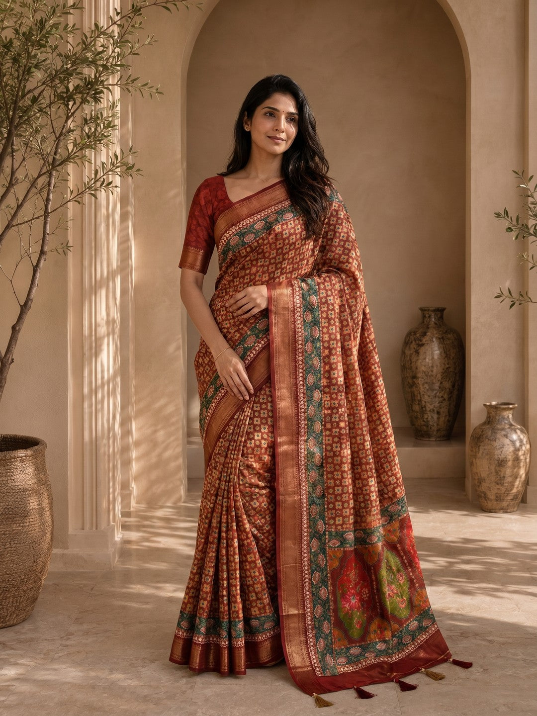 Peachmode Red Dola Silk Position Digital Print Saree - Image 1