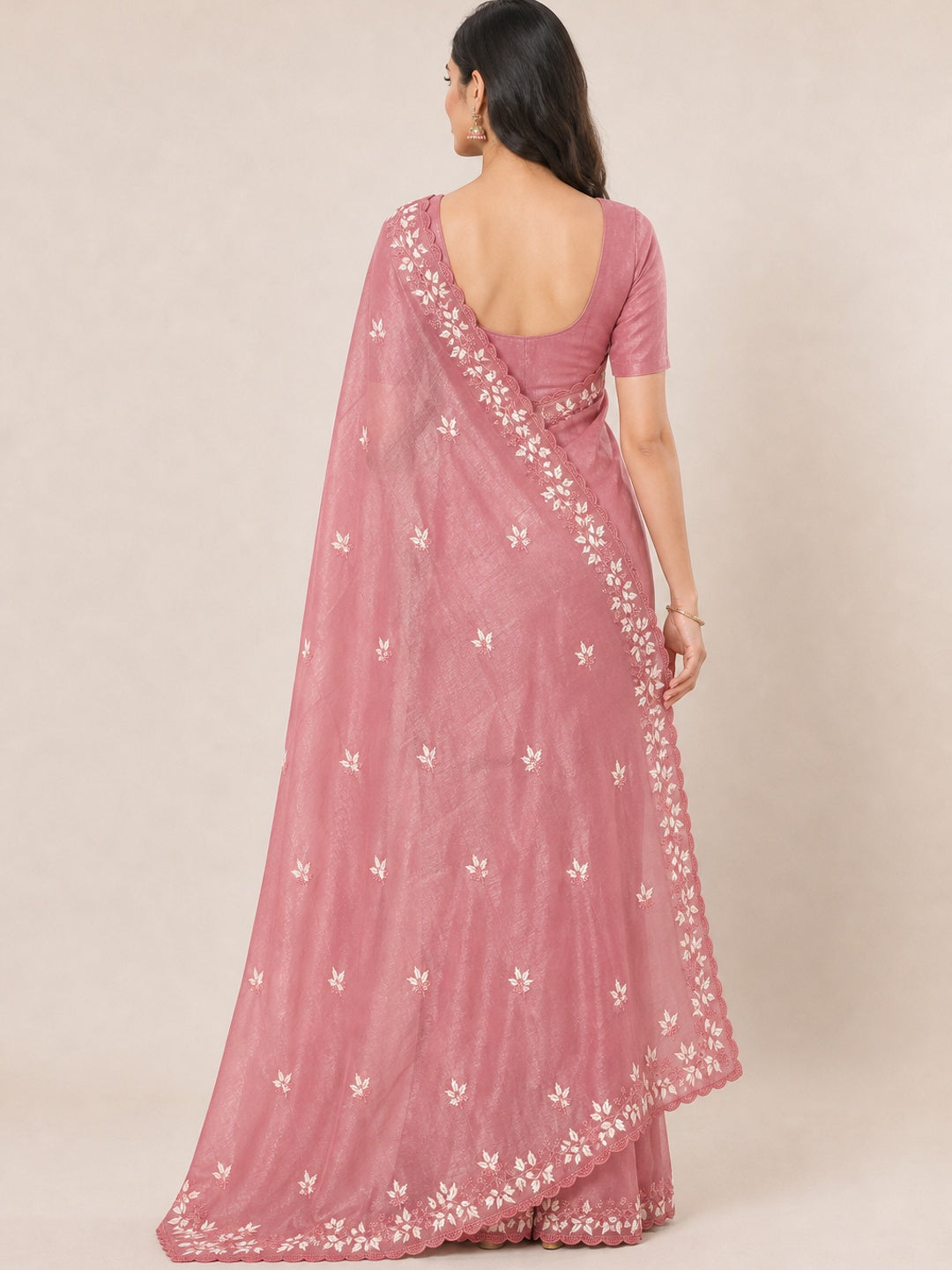 Peach Organza Saree Featuring Fine Floral Embroidery - Image 2