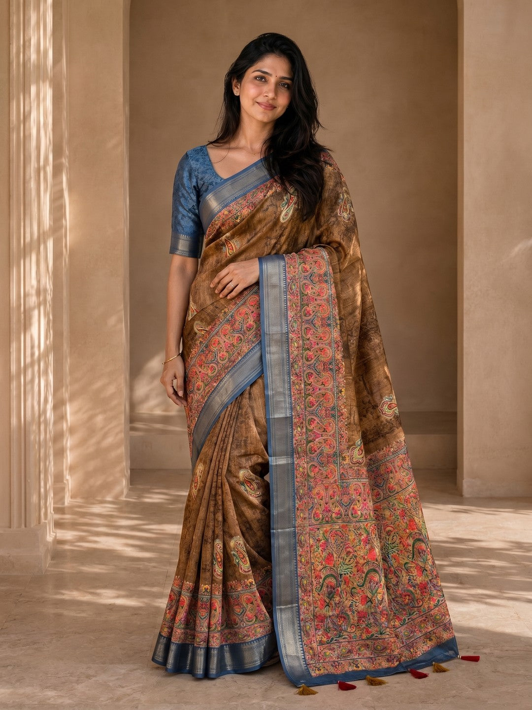 Peachmode Brown Dola Silk Position Digital Print Saree - Image 1