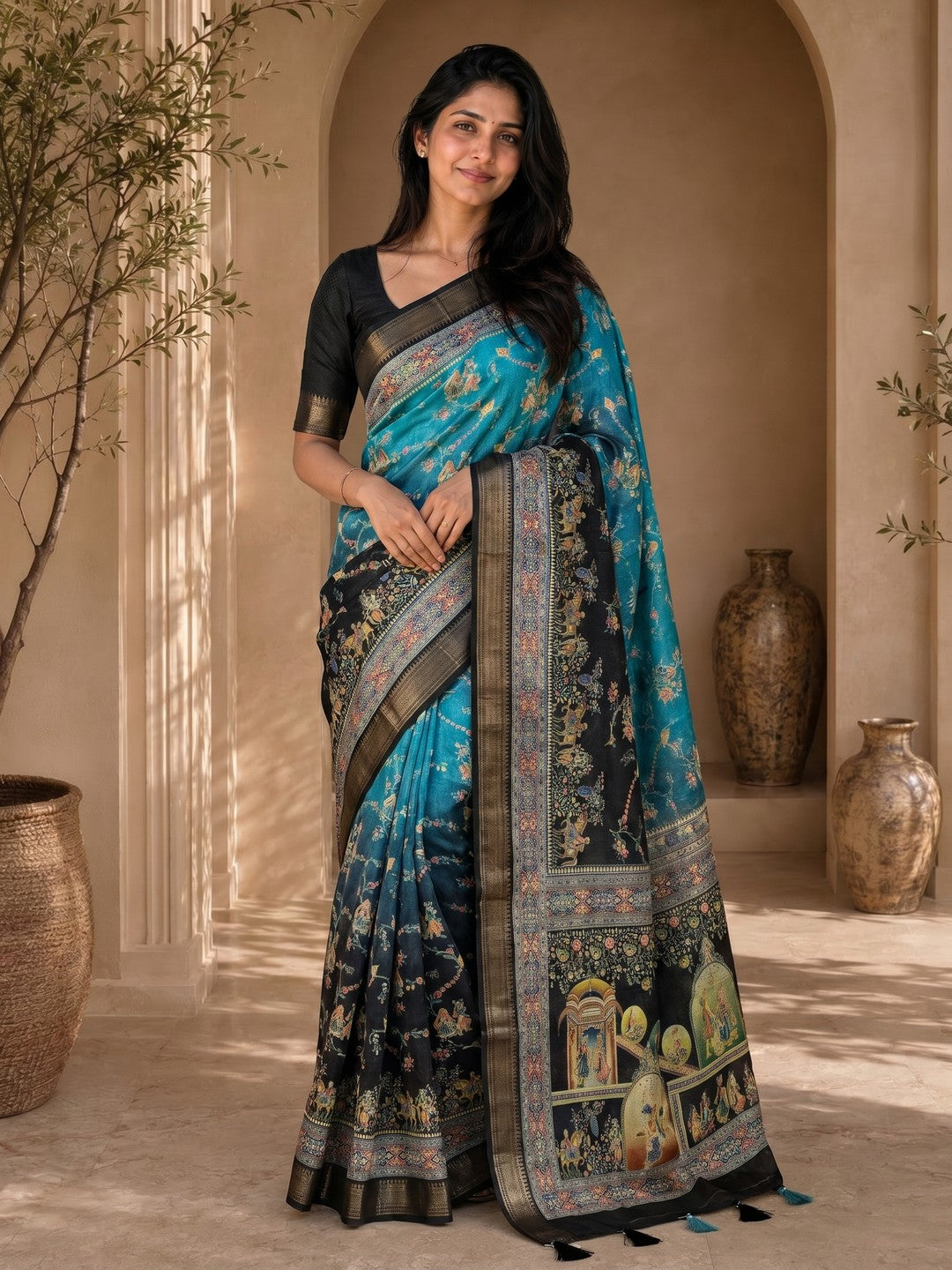 Peachmode Blue Dola Silk Position Digital Print Saree - Image 1