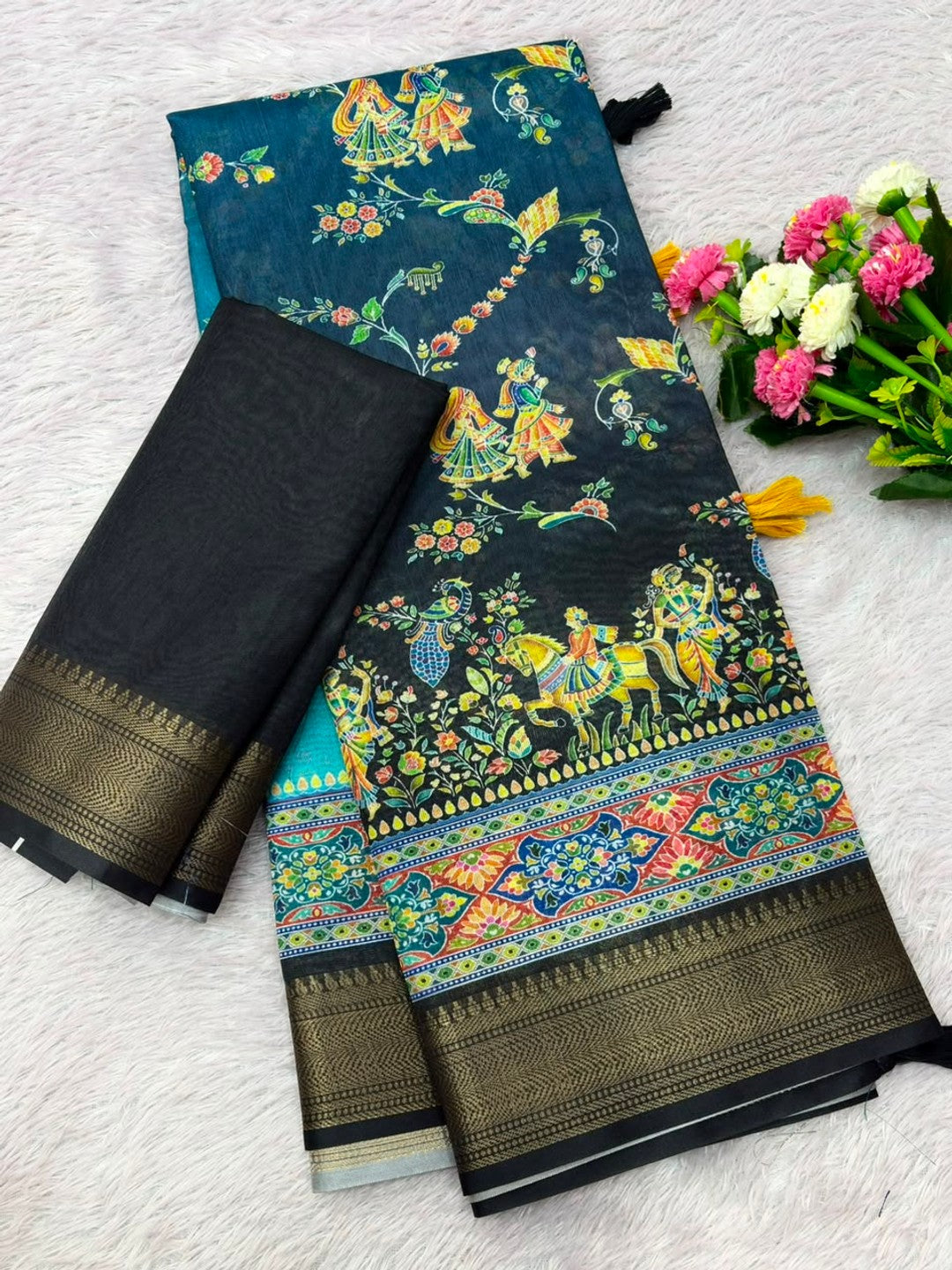 Peachmode Blue Dola Silk Position Digital Print Saree - Image 7